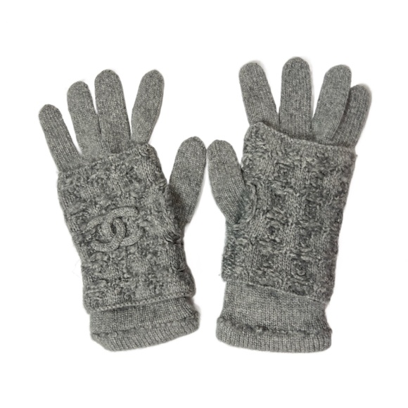 Chanel Gray 3 in 1 Fingerless & Finger Cashmere Silk Knit Tweed Gloves - Picture 1 of 12